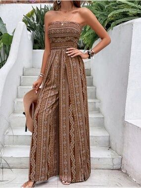 Strapless Brown Boho Wide-Leg Jumpsuit